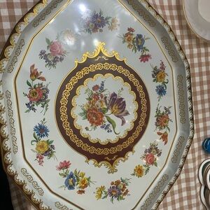 Vintage Elegant Floral Serveware Platter with Gold color Trim